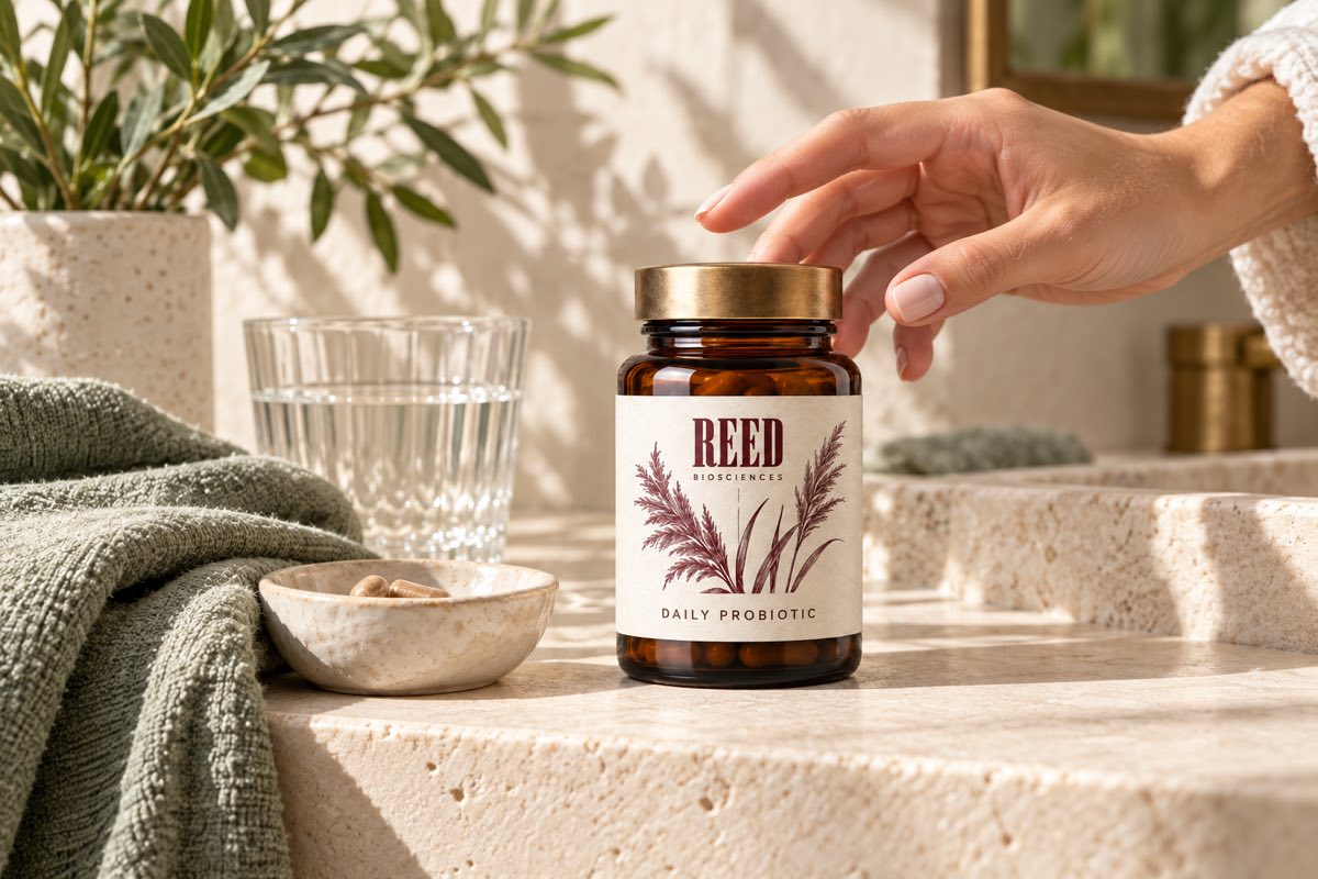 Hand reaching for Reed on a sunlit shelf